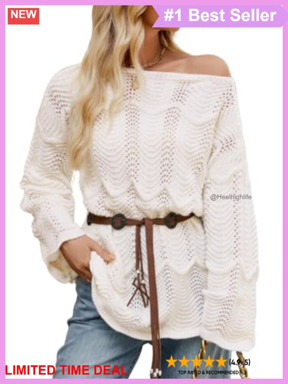 Oversized Tunic Off Shoulder Sweater with Belt Textured Knit Boat Neck